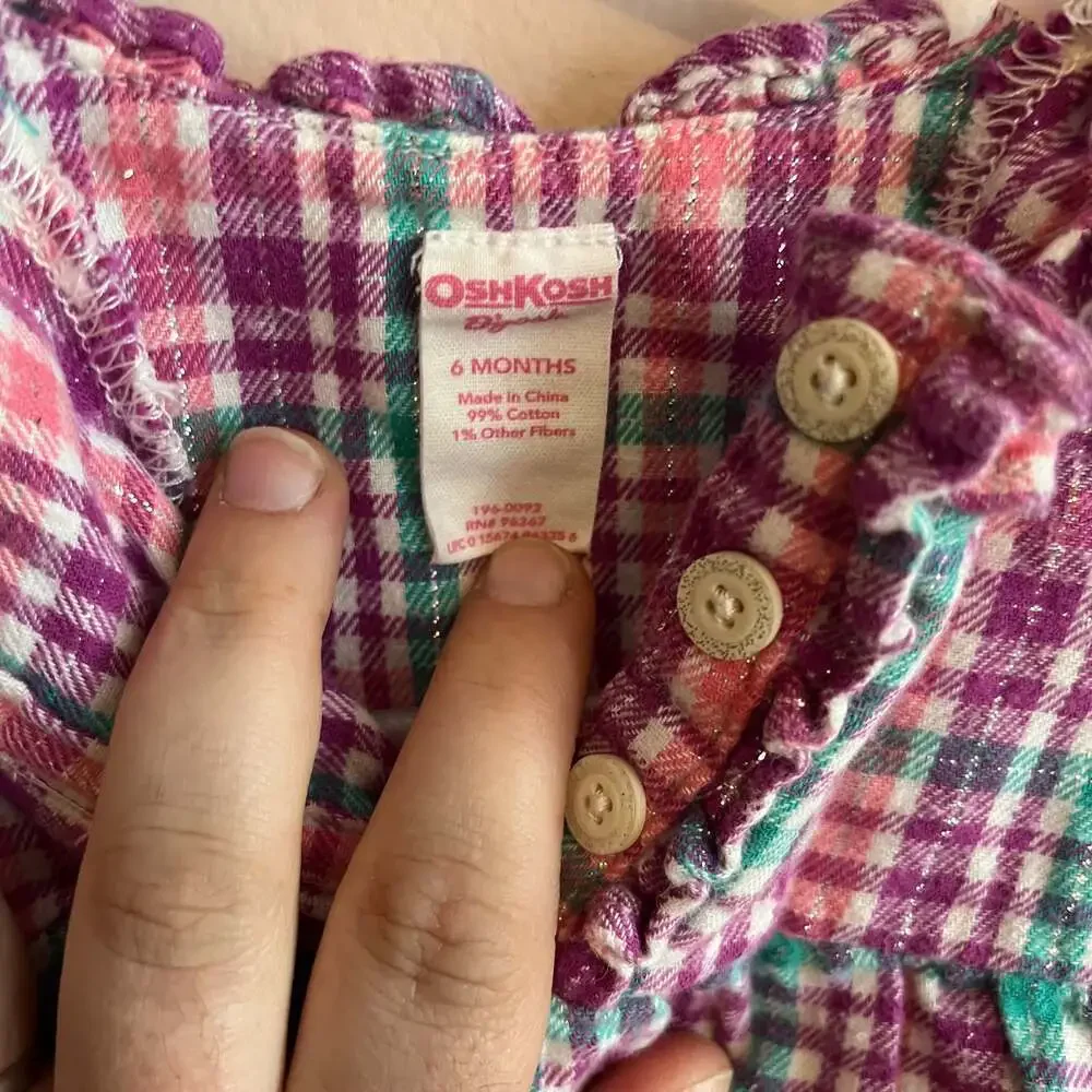 OshKosh B'Gosh Blue Denim Plaid Ruffle Vestbak Jumper Dress and shirt 6 months